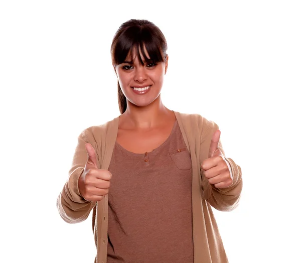 Smiling young woman with fringes making ok sign — Stock Photo, Image