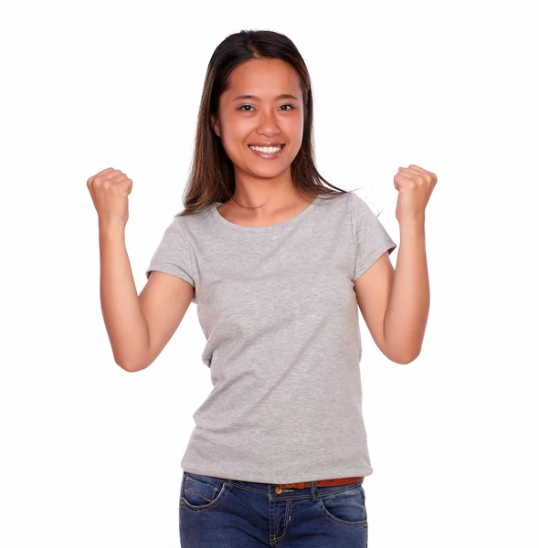 Asiatic charming young woman celebrating a victory — Stock Photo, Image