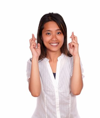 çapraz parmak sevimli Asya genç kadın