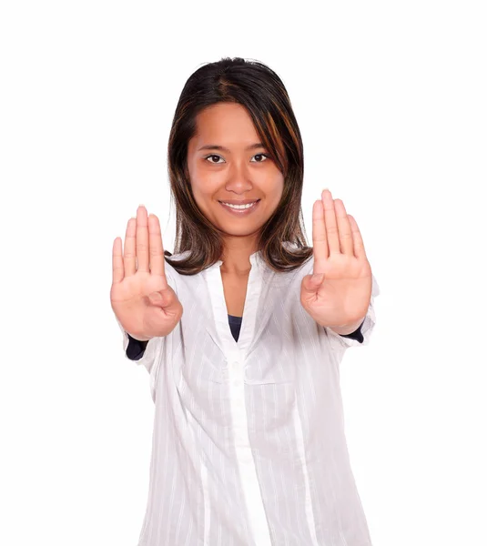 Smiling asiatic young woman giving the high — Stock Photo, Image