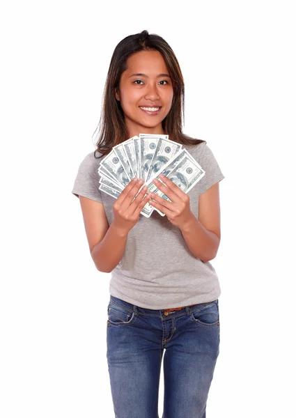 Charming asiatic young female with cash money — Stock Photo, Image