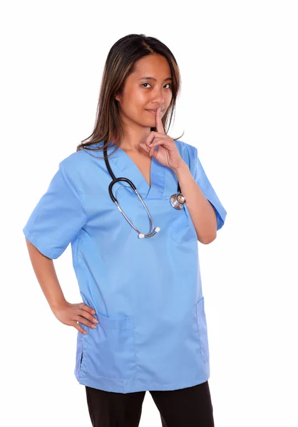 Charming asiatic nurse woman requesting silence — Stock Photo, Image