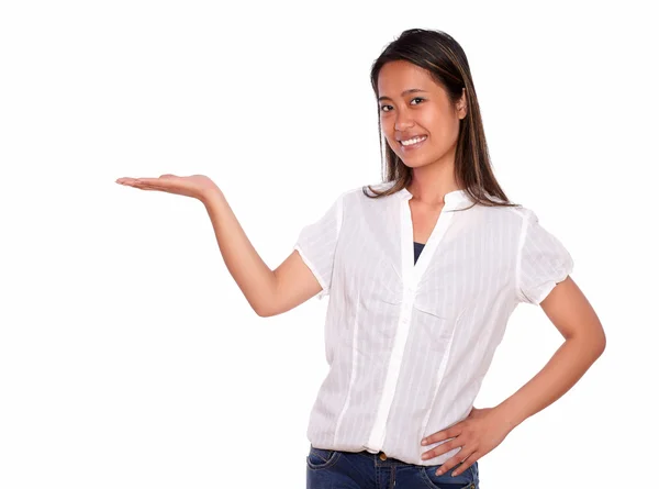 Young asiatic woman holding up her right palm — Stock Photo, Image