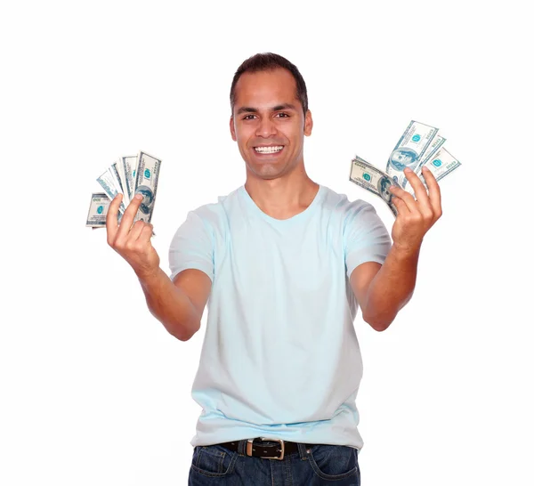 Homem latino feliz e animado com dinheiro em dinheiro — Fotografia de Stock