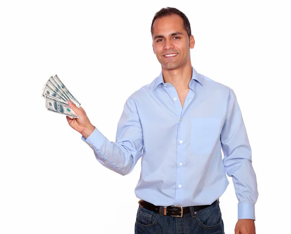 ドルの現金を保持している大人の男の笑みを浮かべてください。 — ストック写真