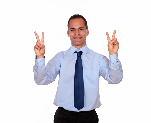 Smiling adult man showing you victory sign — Stock Photo, Image