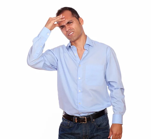 Adult man with headache holding his forehead — Stock Photo, Image