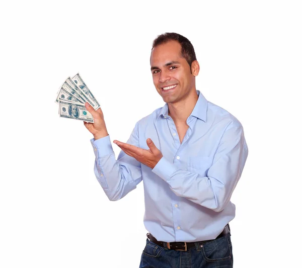 Smiling latin adult man holding cash dollars — Stock Photo, Image