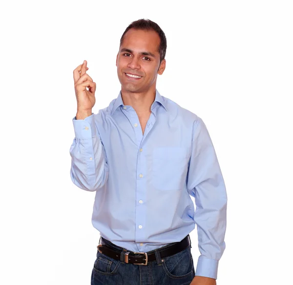 Charming smiling adult man crossing his fingers — Stock Photo, Image