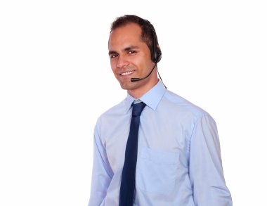 çekici bir adam kulaklık mikrofon ile kullanma