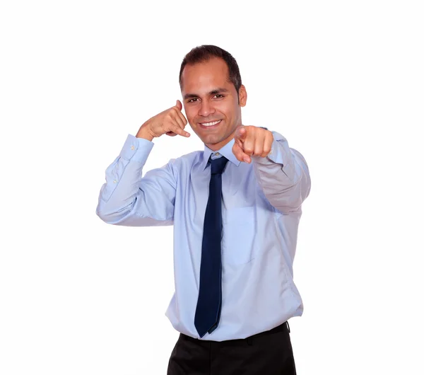 Adult man pointing at you saying call me — Stock Photo, Image