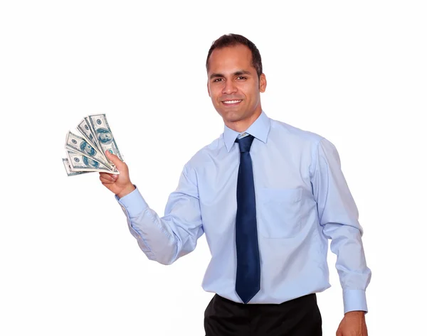 Attractive man looking at you holding cash money — Stock Photo, Image