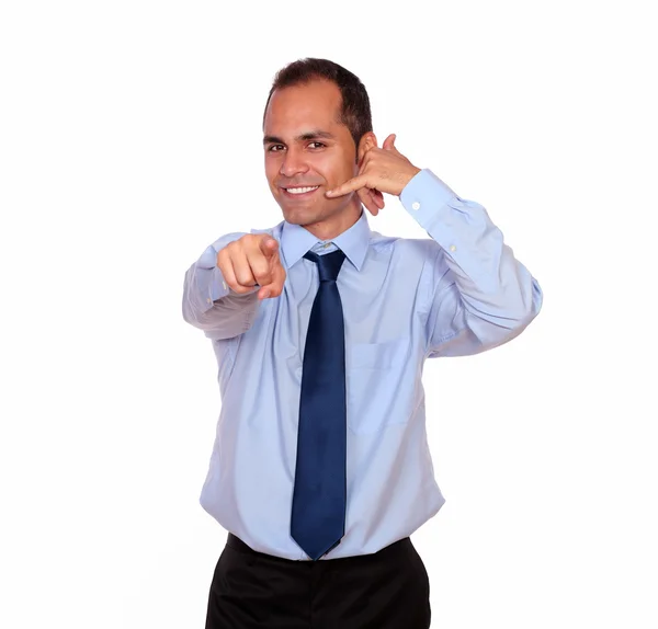Charming man pointing at you saying call me — Stock Photo, Image