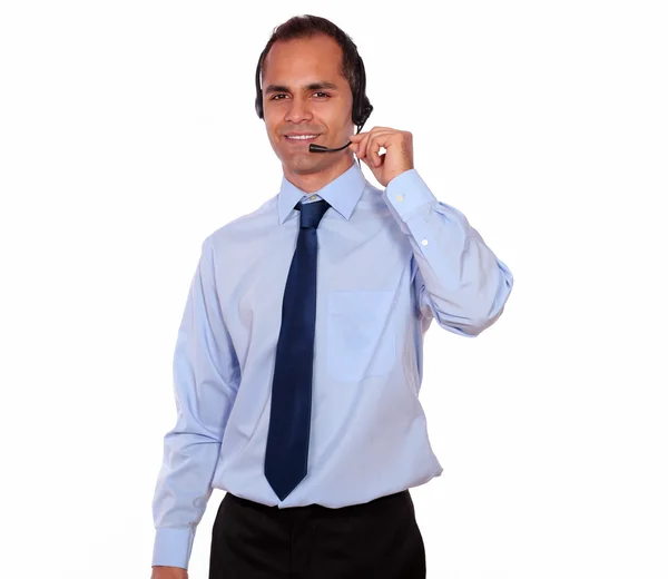 Smiling man using headphone with microphone — Stock Photo, Image