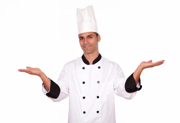 Male cook standing with palms open — Stock Photo, Image