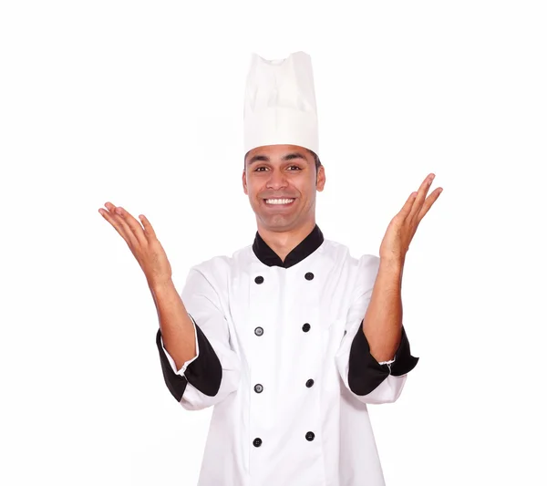 Excited male chef standing with hands up — Stock Photo, Image