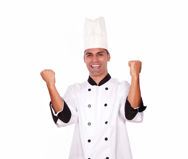 Happy male chef showing winning gesture with hands — Stock Photo, Image