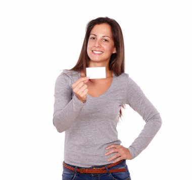 size gülümseyen güzel hanımefendi holding kartı