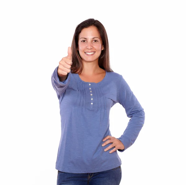 Lovely lady showing ok sign with thumb up — Stockfoto