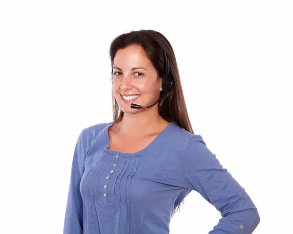 Hispanic woman using headphones with microphone — Stock Photo, Image