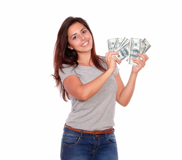 Charming and smiling young woman with cash dollars — Stock Photo, Image