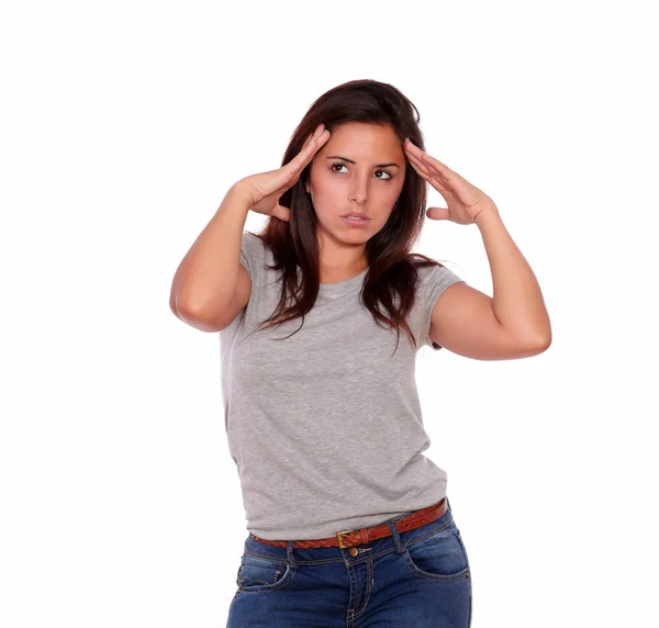 Charming young woman with terrible headhache — Stock Photo, Image