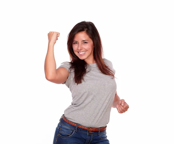 Joyeux sourire jeune femme célébrant une victoire — Photo