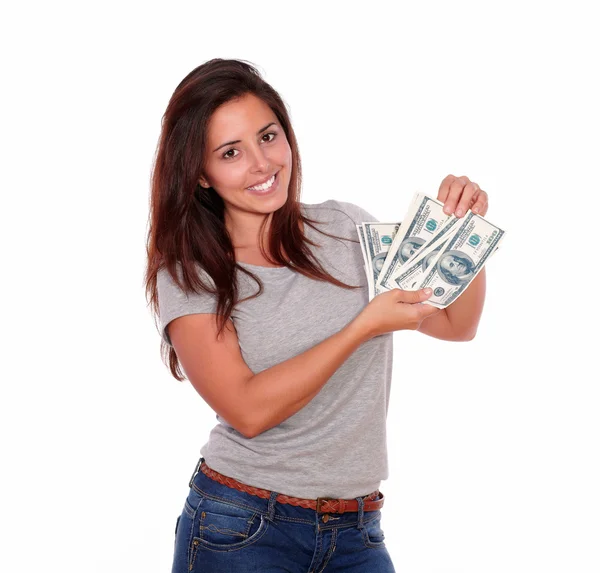 Charming and smiling young woman with cash money — Stock Photo, Image