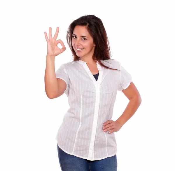 Young hispanic young woman gesturing ok sign — Stock Photo, Image