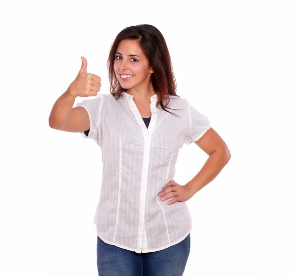 Charming young woman gesturing positive sign — Stock Photo, Image