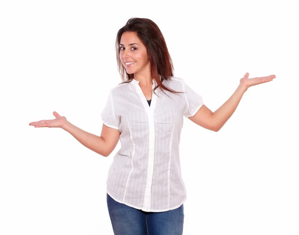 Smiling hispanic girl holding palms out — Stock Photo, Image