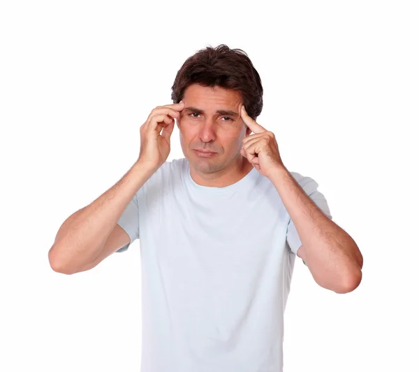 Latin male having a headache with hands on head — Stock Photo, Image