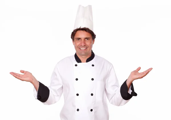 Professionale cuoco in piedi con palme fuori — Foto Stock
