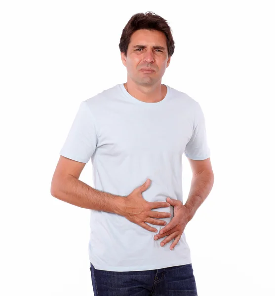 Homme attrayant avec douleur dans l'estomac — Photo