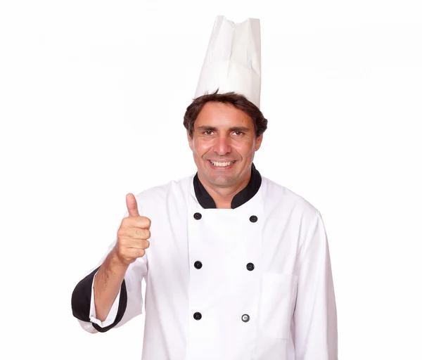 Atraktivní muž šéfkuchař ukázal pozitivní znamení — Stock fotografie