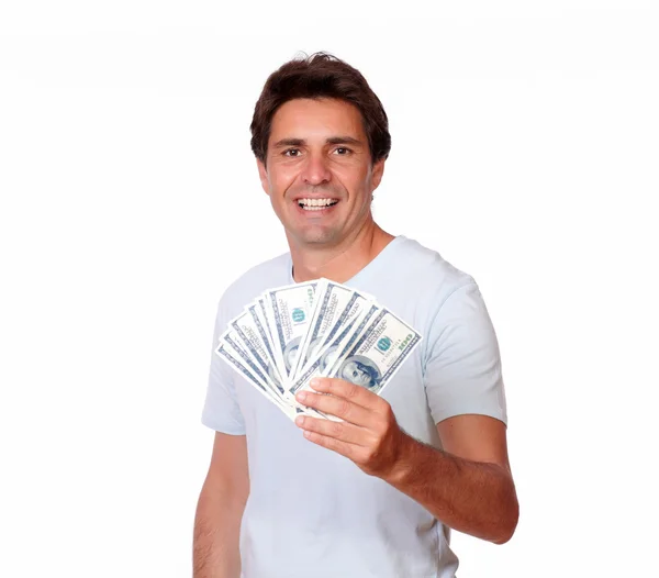 Uroczy hiszpanin mężczyzna trzyma pieniądze — Zdjęcie stockowe