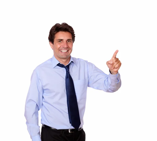 Handsome businessman pointing to his left — Stock Photo, Image