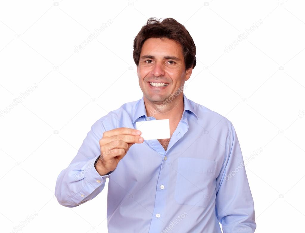Stylish adult man holding a blank business card