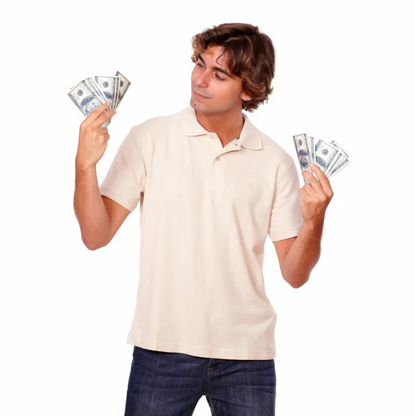 現金お金を保持しているカリスマ的なファッショナブルな男 — ストック写真