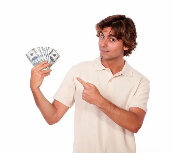 Handsome young man holding cash money — Stock Photo, Image