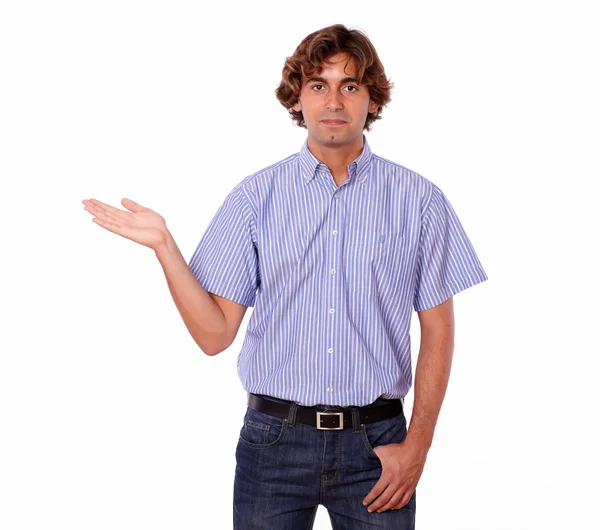 Serious adult holding out his palm looking at you. — Stock Photo, Image