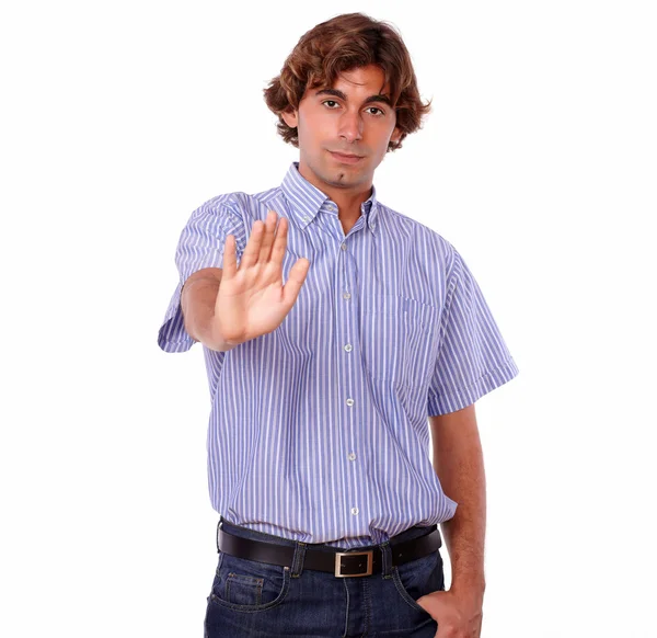 Serious man in blue shirt giving high. — Stock Photo, Image