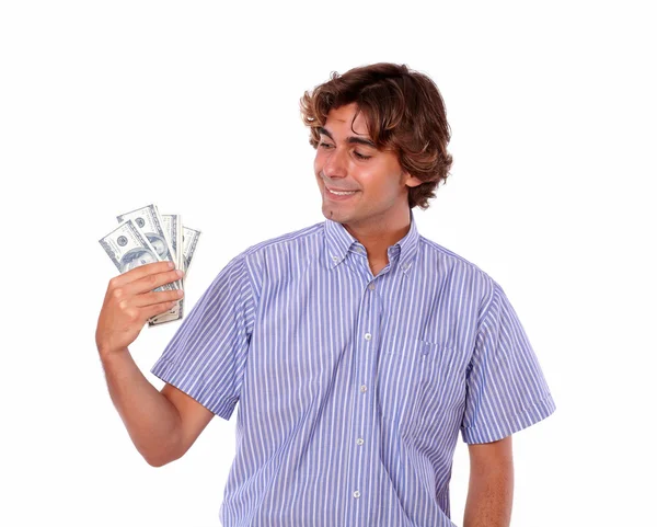 Erwachsener stilvoller Mann lächelt mit Dollars. — Stockfoto