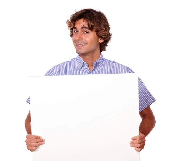 Stilig mann ser kjekk ut mens han bærer på en plakat – stockfoto