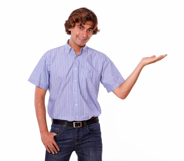 Stylish young adult standing alone,right palm out. — Stock Photo, Image