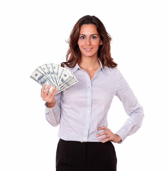 Lovely woman in blouse holding cash dollars — Stock Photo, Image