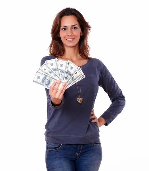 Charming young woman holding cash money — Stock Photo, Image