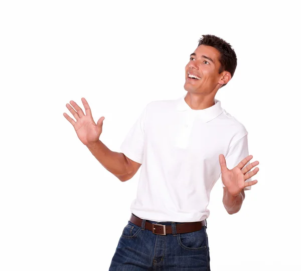 Charming man in white t-shirt is surprised. — Stock Photo, Image