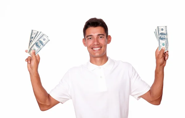 Homem ambicioso sorrindo com dinheiro a mãos . — Fotografia de Stock