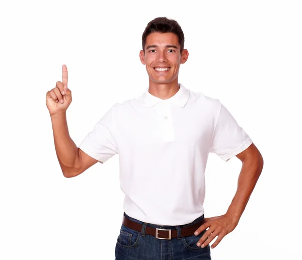 One smiling attractive adult man pointing up. — Stock Photo, Image